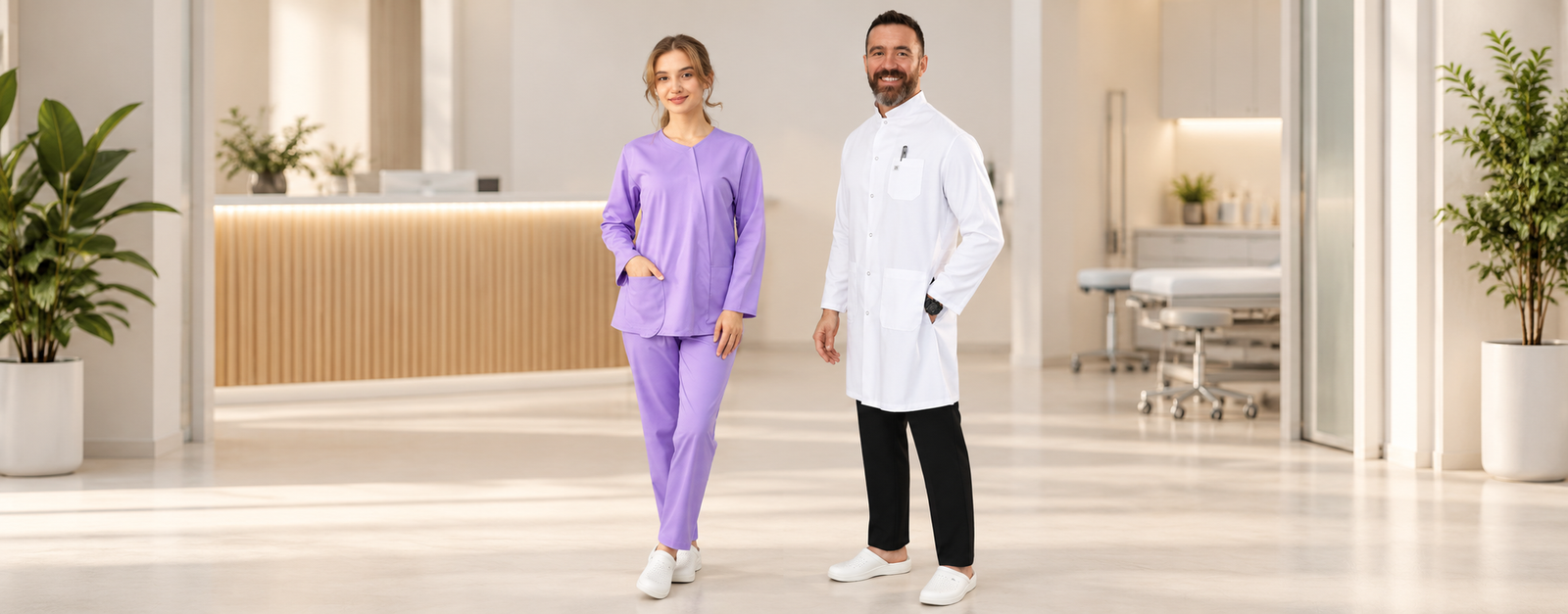 Tibbi geyimlər: lila forma və ağ həkim xalatı